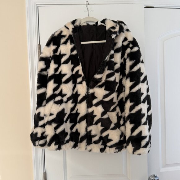 H&M Teddy Faux Fur Houndstooth Bomber Jacket, Size M - Picture 2 of 4